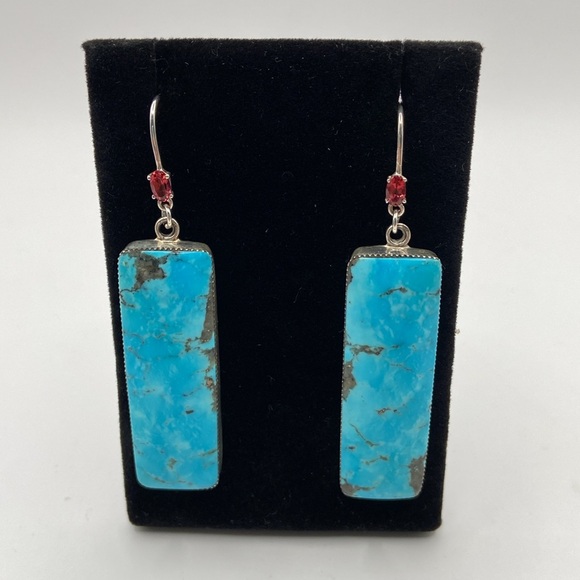 Beautiful Native American Blue Kingman Turquoise & Garnet Earrings - Picture 2 of 6
